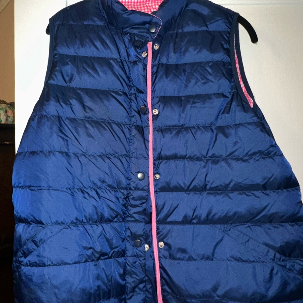 J McLaughlin size XL REVERSIBLE Navy Blue/Pink GINGHAM puffer Vest w Pink Zipper